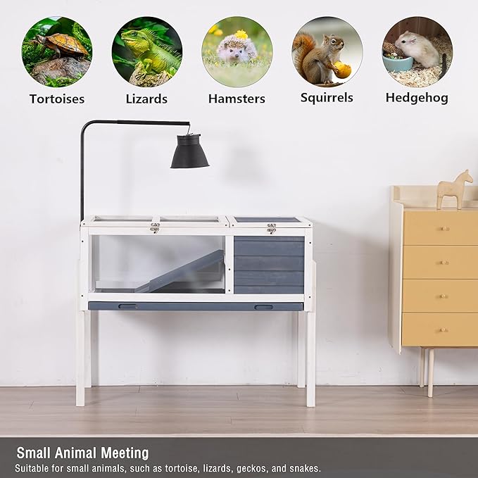 BIRASIL Wood Tortoise Enclosure with Adjustable Light Stand,2-Tier Habitat Reptile Cage with Swimming Area Feeding Area, Tortoises House for Small Animals Lizards Hamster (Gray/White)