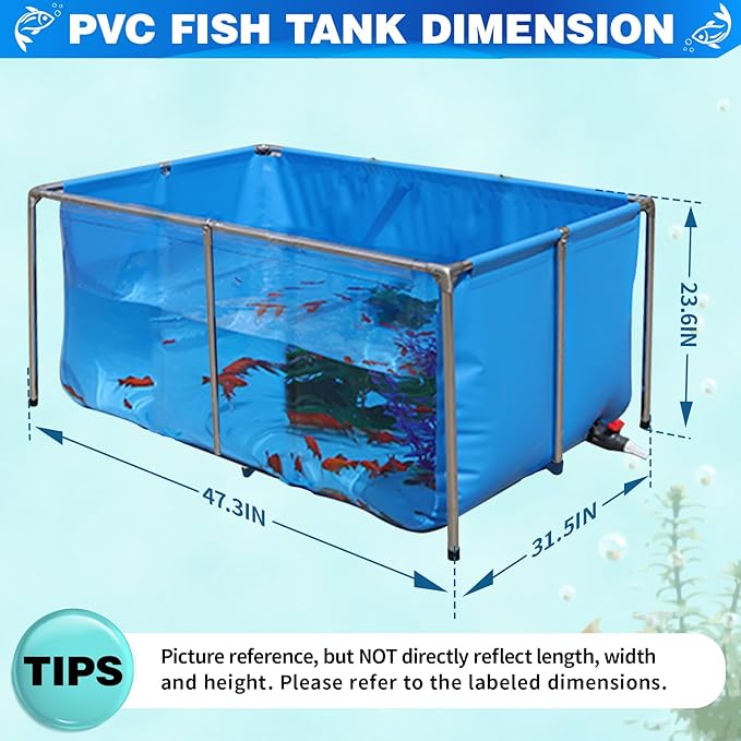 PVC KOI Aquarium Tank, Temporary Fish Tank with Clear Viewing Panel, KOI/Goldfish Pond with 304SS Frame & Drain Valve(47.3" L*31.5" W*23.6" H, About 135Gal Water Capacity)