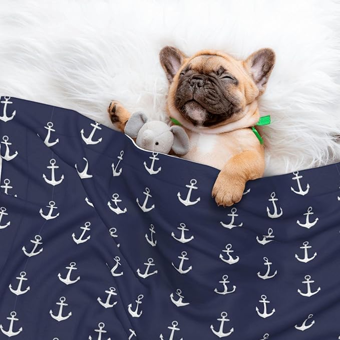 Pet Blanket for Car Rides Vet Visits, Nautical Anchor Navy, Two Sided Reversible Plush Design with Bumpy Dot Side Offers Comfort Home Piece On Go Travel
