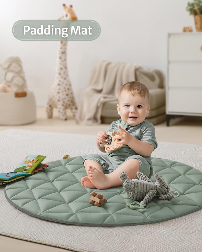 Blissful Diary Waterproof Baby Play Gym Mat, Wipe-Clean Vegan Leather Tummy Time Mat with 6 Detachable Toys, Baby Activity Mat, Sage Green