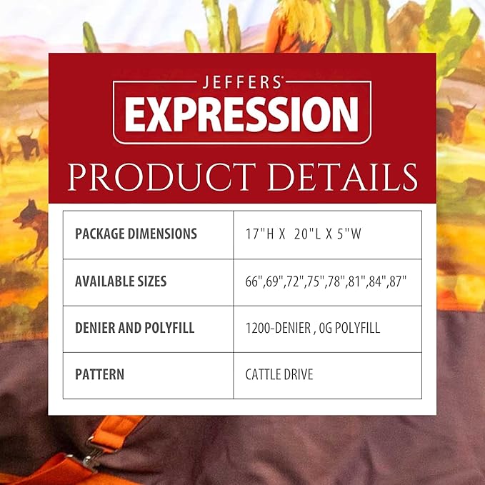Jeffers Expression 1200 Denier Standard Neck Turnout Sheet, Cattle Drive, 72"- Waterproof, Breathable Horse Sheet with 0g Polyfill, No Insulation, Ideal Protection for Wind & Rain, Lightweight