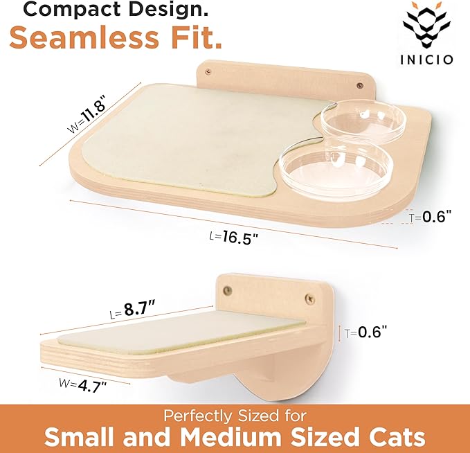 INICIO Cat Shelves – Dog Proof Feeding Station with Wall Mounted Shelves, 3 Steps for wall with Floating Shelf for Cats Up to 15lbs, Includes Cat Food Bowls for Convenient Feeding – Natural Wood