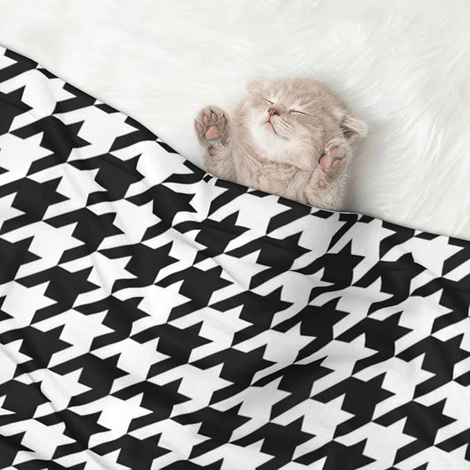 Reversible Plush Throw for Dogs and Cats, Black and White Houndstooth, Double Sided Blanket with Nubby Dot Side and Sleek Side Ideal for Cuddling Nesting Security