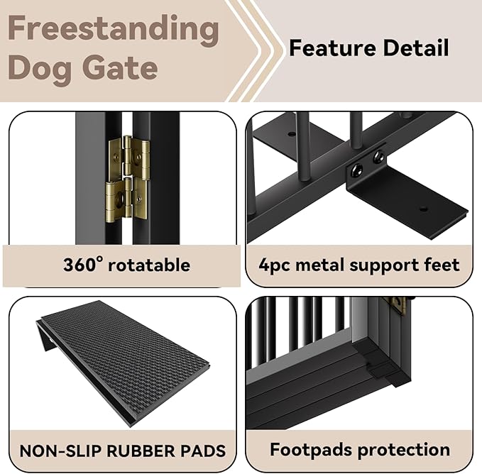 Full Metal Freestanding Dog Gate with Door, 32''Height Foldable Pet Dog Fence for Indoor & Outdoor, 3 Panels Extra Wide Free Standing TallDog Gates for Doorways,House,Stairs,Porch,Deck,Yard