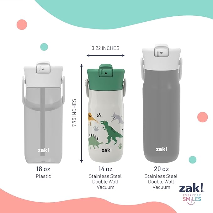 Zak Designs Harmony Kid Water Bottle for Travel or At Home, 14oz Stainless Steel is Leak-Proof and Vacuum Insulated (Dinosaur)