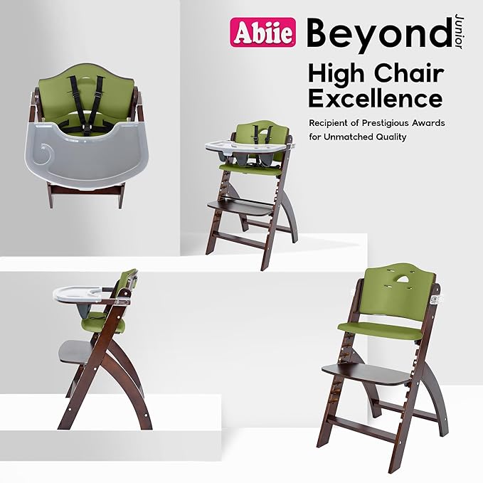 Abiie Beyond Junior Wooden High Chair with Tray - Adjustable and Convertible High Chair for Babies and Toddlers - 6 Months to 250 Lb - Water Resistant - Mahogany Wood/Olive Cushion