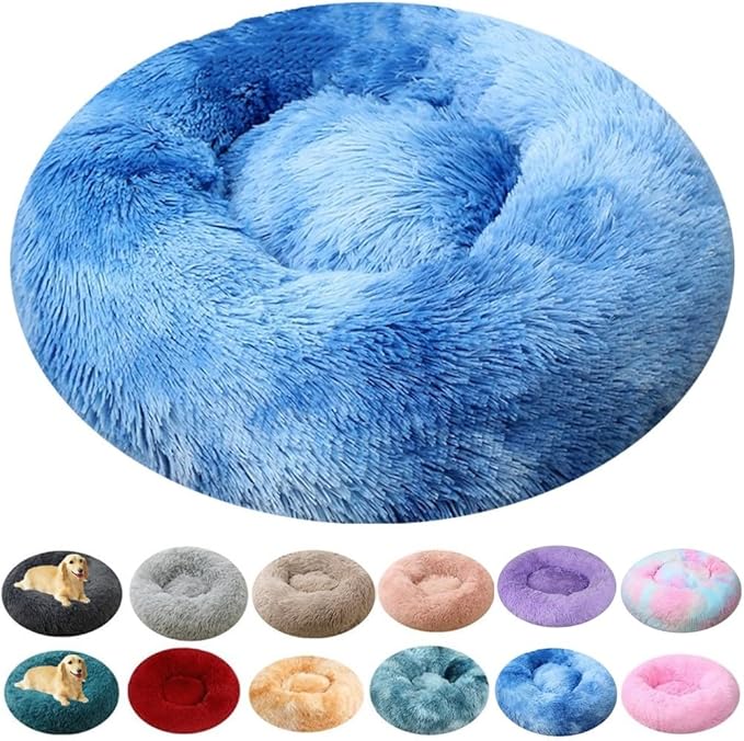 Calming Dog & Cat Bed, 24 Inch Anti-Anxiety Donut Cuddler Cat Bed with Anti-Slip Bottom, Washable Round Fluffy Pet Bed for Small Medium Dogs and Cats (Blue White)