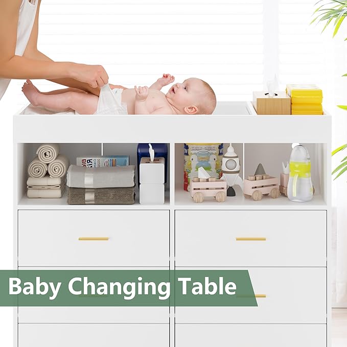 GarveeHome Dresser for Bedroom with 6 Drawers, Baby Changing Table Dresser with Changing Pad, LED Lights & Charging Station, Baby Changing Station with Changing Table Top, White