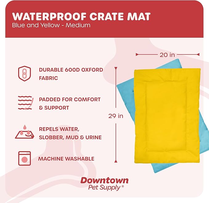 Downtown Pet Supply Dog Crate Pad, 29" x 20" - Waterproof, Ripstop Nylon Dog Crate Mat Chew Proof and Machine Washable - Blue and Yellow - M