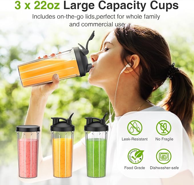 KOIOS Blender for Smoothies,Personal Blender for Shakes and Smoothies with 3 * 22oz To-Go Cups,22000 RPM Smoothie Maker,Detachable 6-leaf Blade Portable Blenders for kitchen,Black
