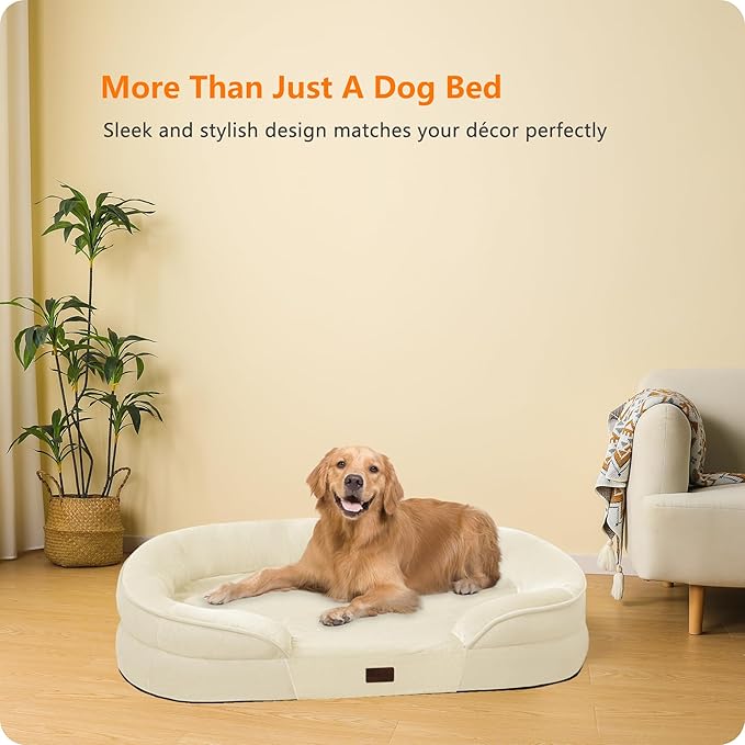 Dwanton Orthopedic Dog Bed for Large Dogs with Gel Memory Foam, Waterproof Dog Sofa, Washable Pet Bed with Four Sided Bolster Cushion, Removable Cover & Non-Slip Bottom, 42", Beige