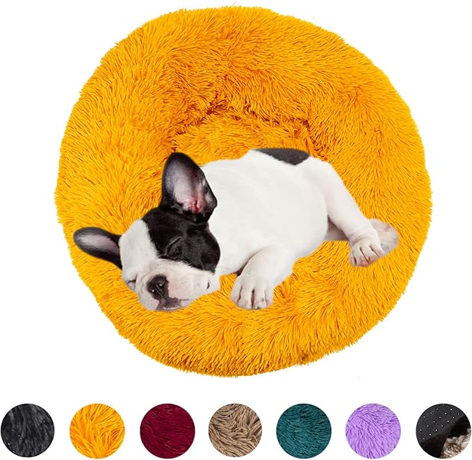 huraty Plush Dog Bed Pet Calming Fur Bed, Fluffy Donut Round Cat Beds, Anti-Slip & Anti-Anxiety, 16 Inch for Puppy and Kitties, Gold, XS