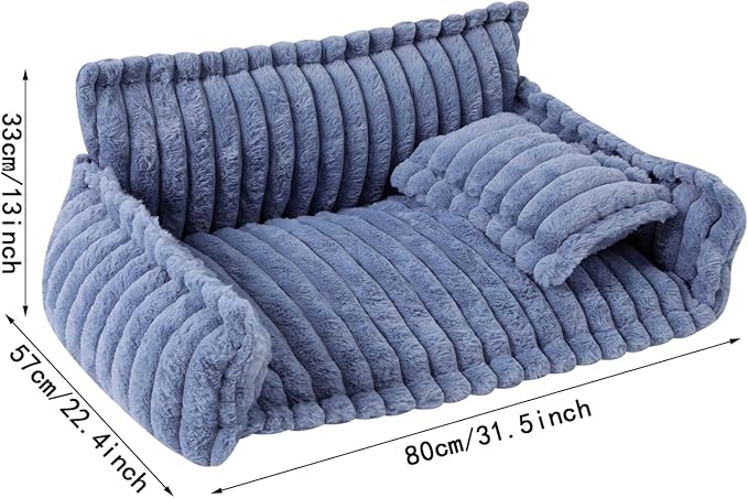 Blue Plush Pet Sofa Bed for Small Dogs & Cats, Removable Washable Fluffy Couch with Pillow, Non-Slip Soft Cat Dog Bed Large Size, Modern Pet Furniture(Blue)
