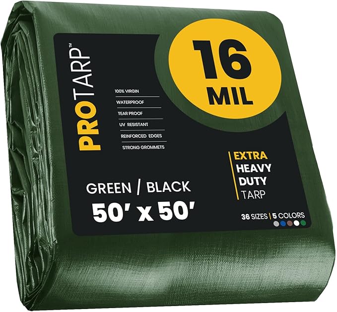 PROTARP Extra Heavy Duty 16 Mil Tarp Cover, Waterproof, UV Resistant, Rip and Tear Proof, Poly Tarpaulin with Reinforced Edges for Roof, Camping, Patio, Pool, Boat. (Green/Black 50′ X 50′)
