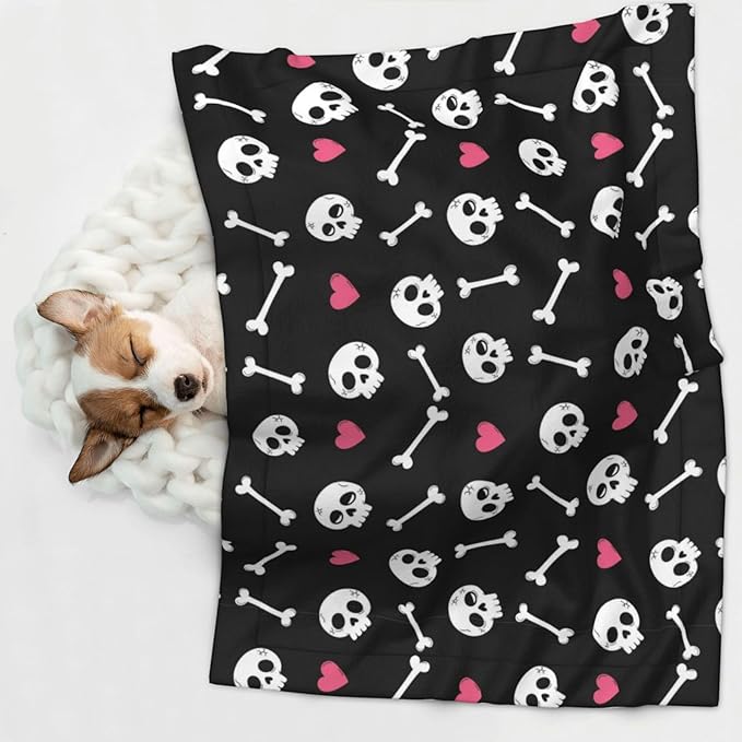 Double Sided Plush Pet Blanket with Cozy Dot Texture and Smooth Reverse, Cartoon Skulls with Hearts On Black, Reversible Throw for Dogs Cats on Couches Beds Crates