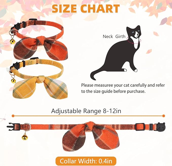 KOOLTAIL Cat Collar Breakaway with Bowtie and Bells, 2 Pack Cute Kitten Collars for Boys & Girls, Classic Plaid Design with Safety Buckle Adjustable for Small Large Cats Puppy,Yellow & Orange