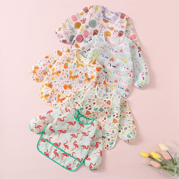 5 Pack Long Sleeve Bib,Baby Toddler Waterproof Sleeved Bib for 6-30 Months Reusable with Catch-all Pocket