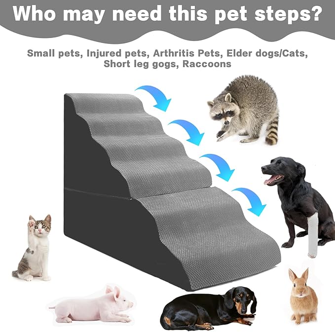 Dog Stairs for High Beds 30-36 inches Tall, 6-Step Dog Steps for Bed 32-36 inches for Small Large Dogs, Doggie Ramp for Bed, 30D Foam Pet Stairs for Old Dogs/Cats, Free-Installation, Grey