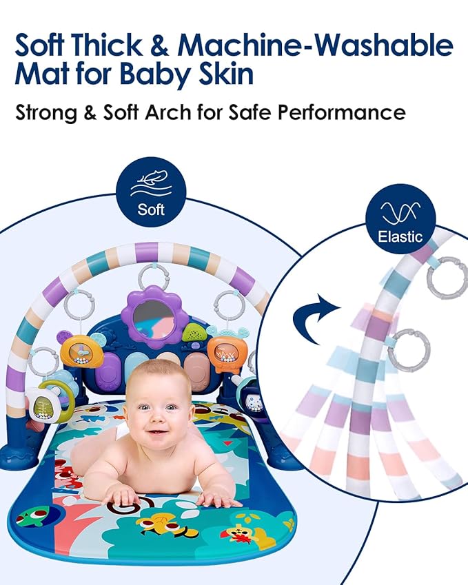 dearlomum Baby Play Mat Gym,Funny Play Piano Tummy Time Activity Mat with 5 Infant Sensory Toys & 2 Baby Book Toys, Boy & Girl Gifts for Newborn 0 to 3 6 9 12 Months(Blue)