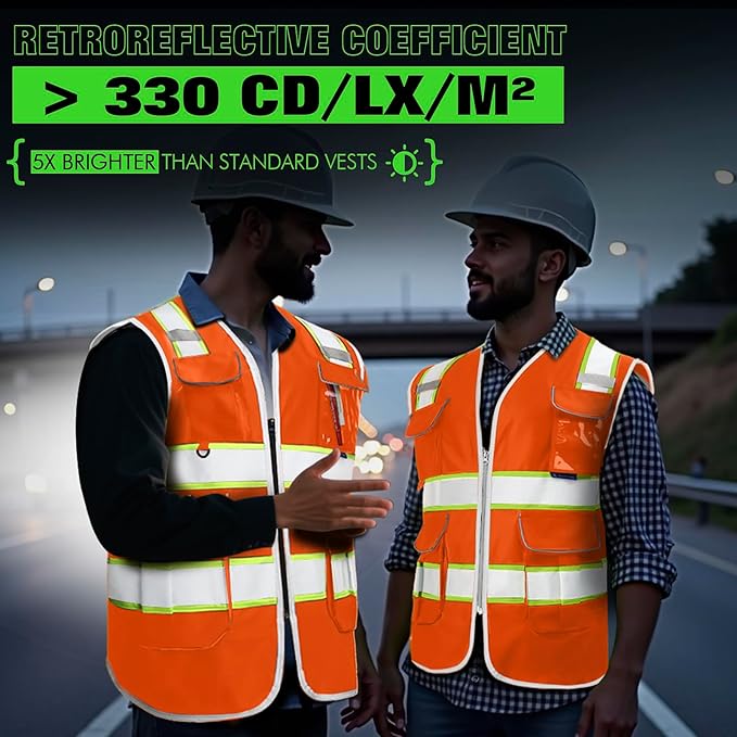 BeautyWill Custom Logo Safety Vest 8 Pockets Class2 ANSI Certified High Visibility Reflective Vest for Men - Personalized Logo Heavy-Duty Work Vest（Orange，XL）