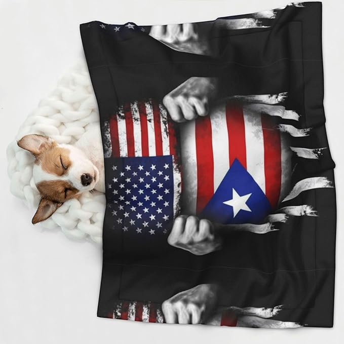 Pet Blanket for Travel and Home, American Puerto Rico Flag Pull Apart Black, Reversible Plush Dot Design with Soft Grip Texture on One Side Perfect for Car Seats Moving Vehicles