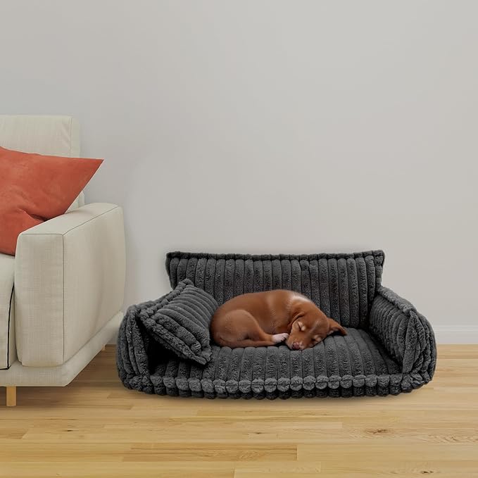 Pet Couch Bed for Dog and Cat, Plush Calming Couch for Pets with Removable Washable Cover, Modern Sofa Style Pet Bed for Home Living Room (Dark Gray)