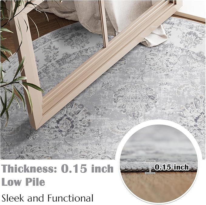 jinchan Round Rug 4ft Area Rugs Vintage Floral Distressed Design - Machine Washable Non-Slip Low-Pile Ultra-Thin Circle Rug for Entryway Bedside Living Room Dining Room Bedroom (4' Round,Grey)
