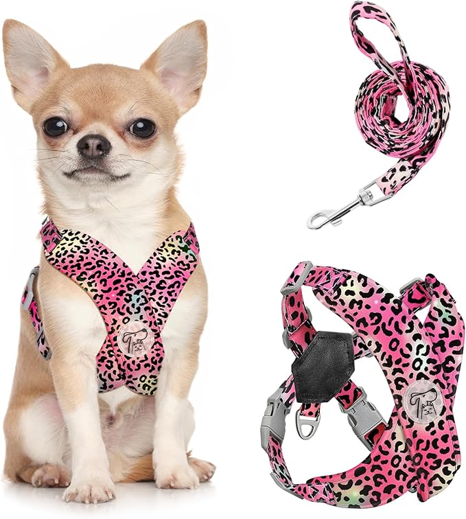 Pawaboo Small Dog Harness and Leash Set, Puppy Harness X-Frame No Pull No Choke, Dog Vest Harnesses Adjustable for Small Medium Sized Dogs,Soft Breathable Pet Harnesses, S, Magenta Leopard