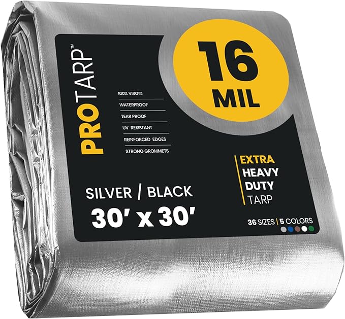 PROTARP Extra Heavy Duty 16 Mil Tarp Cover, Waterproof, UV Resistant, Rip and Tear Proof, Poly Tarpaulin with Reinforced Edges for Roof, Camping, Patio, Pool, Boat. (Silver/Black 30′ X 30′)