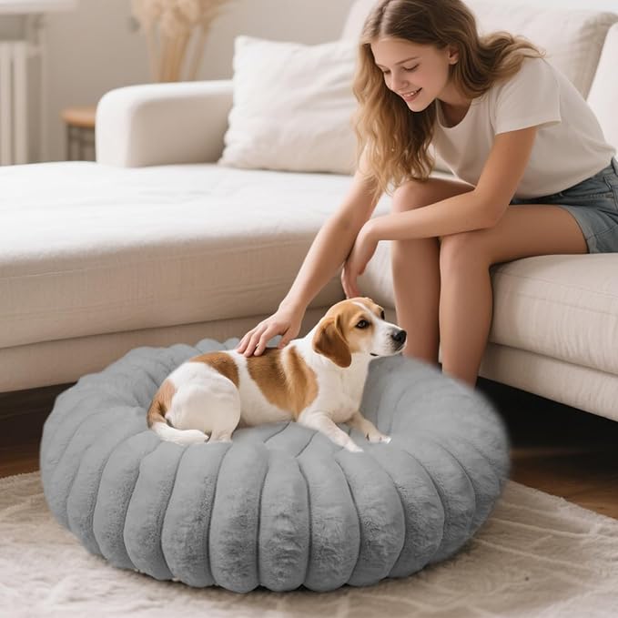 Donut Dog and Cat Bed, Luxurious Comfortable Faux Rabbit Fur Pet Beds, Round Anti-Anxiety Calming Puppy Kitten Bed with Anti-Slip Bottom for Small Medium Dogs & Cats(36", Grey)