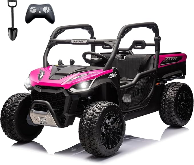 sopbost 24V Ride On Car with Remote Control 10Ah Battery Powered Ride On Toy for Big Kids to Drive 2 Seater UTV with Large Dump Bed, 4x75W Motors, Hot Pink & Black