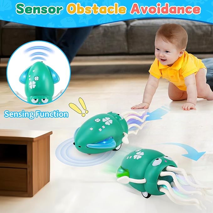 USB Rechargeable Dancing Octopus Baby Toy - Electric Crawling & Tummy Time Toy, Magical Musical Squid, Stress-Relief Desk Decor - Birthday for Kids Ages 1 2 3 4 5 6, Boys (Green)