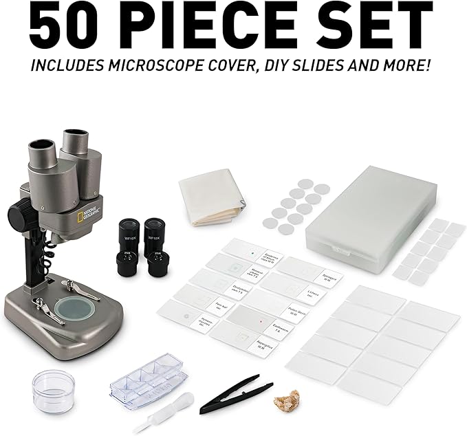 NATIONAL GEOGRAPHIC Dual LED Kids Microscope - 50+ pc Science Kit with 10 Prepared Slides & 10 DIY Blank Slides, Biology Experiment Activity, Microscope Kit for Kids 8-12 (Amazon Exclusive)