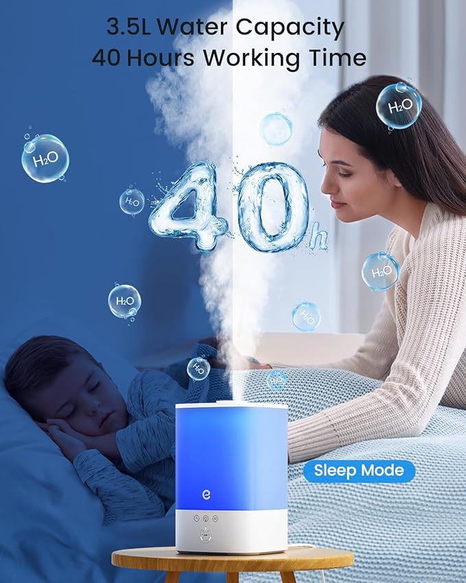 Esemoil Humidifiers for Bedroom, 3.5L Top Fill Cool Mist Humidifier for Baby Nursery & Plants, Oil Diffuser, 40 Hour & 8 Color Night Light, 28dB Quiet, 360° Nozzle, Auto Shut-Off and BPA Free