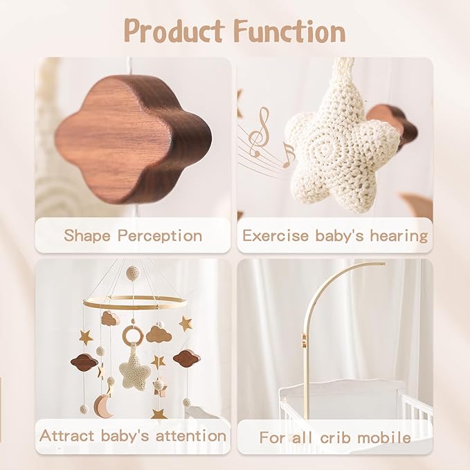 Baby Crib Mobile with Arm Boho Star Moon Nursery Mobile Set Wooden Baby Mobile Holder for Hanging Nursery Decor Ceiling Mobile