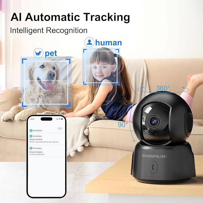 GOLSPARK 2K Indoor Security Camera for Baby Monitor, 2.4GHz WiFi 360 Pet Camera with Night Vision Motion Tracking Detection Two-Way Audio Sleep Mode SD Card Cloud Storage, Black