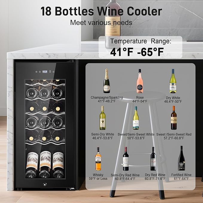 Tylza 18 Bottles Wine Fridge, Wine Cellar with Powerful Compressor, LED Touchscreen, Low-E Tempered Glass Door, Lock, Wine Cooler Refrigerator for Red, White, Champagne or Sparkling Wine, Black