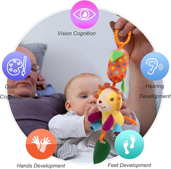 Bloobloomax Baby Soft Hanging Rattle, Car Seat Stroller Toys with Plush Animal C-Clip Ring for Infant Babies Boys and Girls 3 6 9 to 12 Months (12PCS-A)