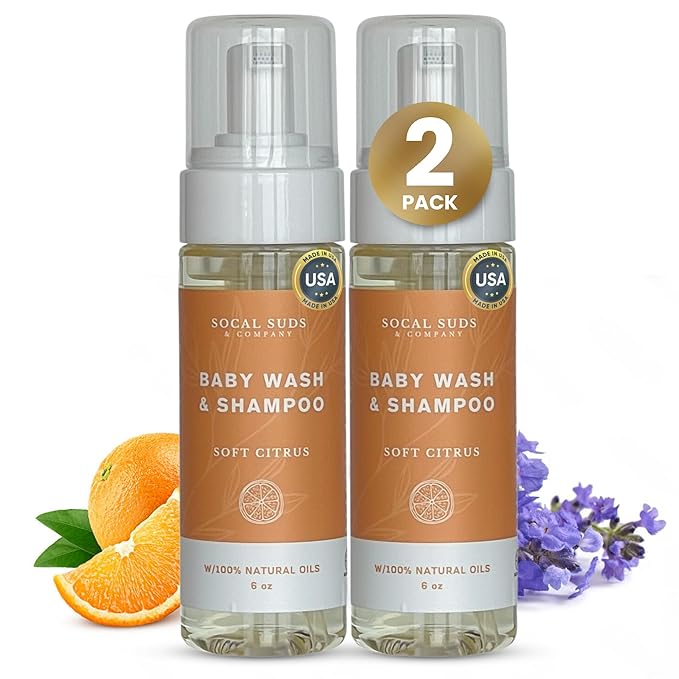 SoCal Suds & Company - Organic Foaming Baby Wash & Shampoo - Gentle Cleansing Newborn Body & Hair Soap for Sensitive Skin - Clean Natural Soothing Ingredients - Soft Citrus, 6oz, 2-Pack