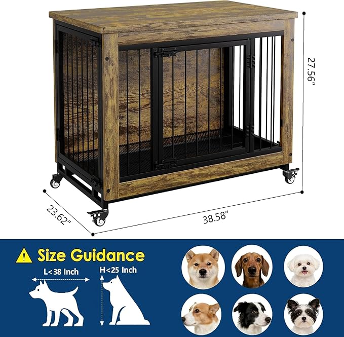 38 Inch Rustic Dog Crate Furniture with 3 Doors and Locking Wheels, Wooden Heavy-Duty Indoor Kennel with Removable Tray for Small and Medium Dogs, Easy-Clean Side Table or Nightstand Style Design