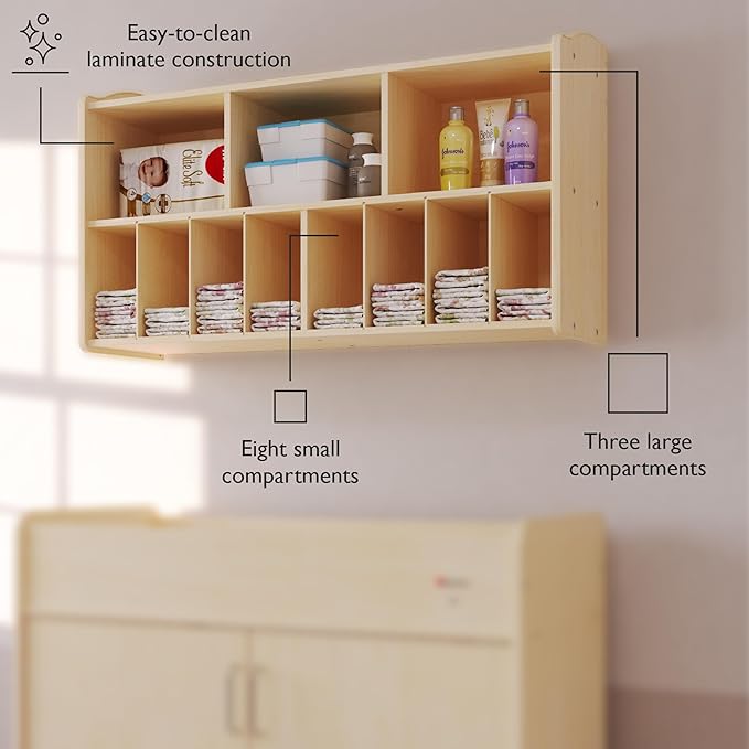 Foundations Wall-Mounted Diaper Organizer for Daycares, 3 Large & 8 Small Storage Compartments, Wood Construction, Maximum Durability