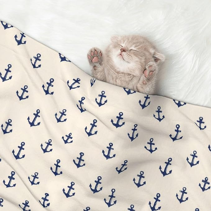 Waterproof Dog Blanket Soft Pet Blanket for Puppy Cat, Fleece Cat Throw Blankets for Furniture Bed Couch Sofa Reversible - Nautical Themed Simple Anchors