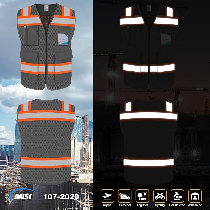 TCCFCCT Safety Vest for Men Women 5 Pockets Mesh High Visibility Reflective Vest with Reinforced Zipper, Durable Construction Work Vest with Fluorescent Orange Edge, Meets ANSI/ISEA, DW-Grey, 3XL