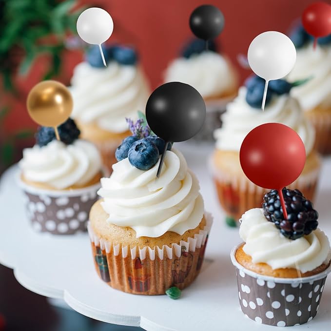 75 Pieces Cake Balls Topper Decorations Foam Cupcake Topper Mini Balloon Cake Topper Picks for Deco Birthday Party Wedding（Black, Red, Gold, White）