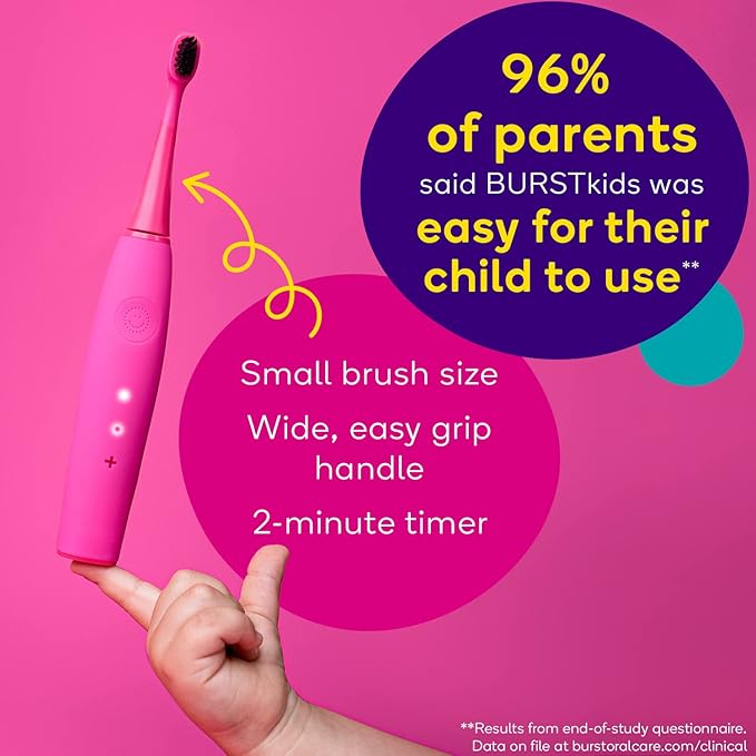 Burst Kids & Toddlers Electric Toothbrush (Purple) | Soft Bristles | Two Minute Timer | Rechargeable Battery | Easy-Grip Silicone Handle | 2 Modes for Healthy Smiles | Ages 3+