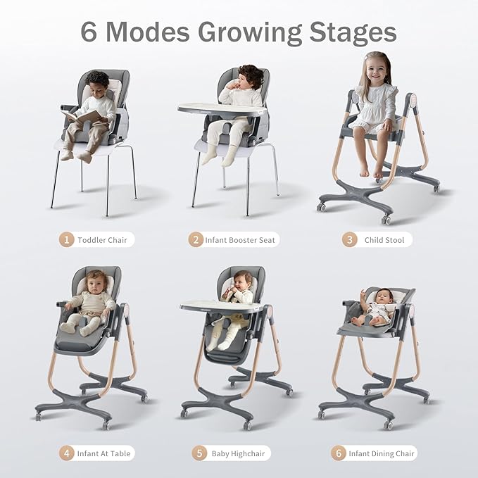 6 in 1 Convertible High Chairs for Babies and Toddlers,Portable High Chair with Dishwasher Tray and 4 Wheel,Booster Seat for Dining Table,Foldable Toddle and Baby Feeding Highchair (Gold-Grey)