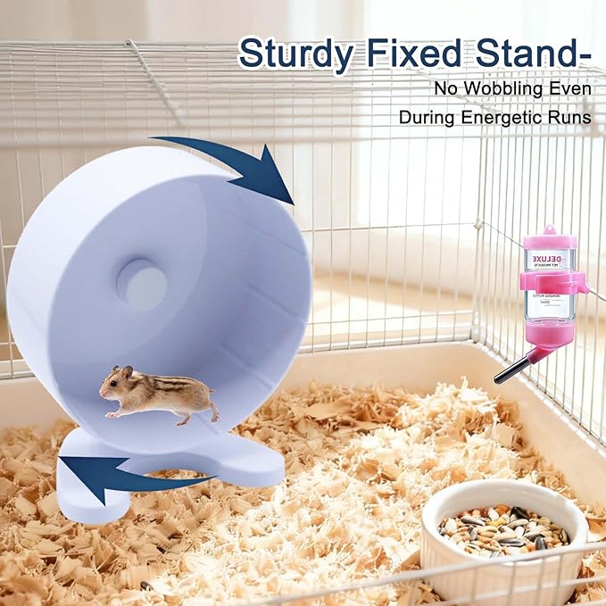8.7" Super Silent Hamster Wheel with Stand & Water Bottle – Ultra Quiet Exercise Running Wheel for Gerbils, Syrian & Dwarf Hamsters, Chinchillas, Small Pets – Noiseless Spinning Design, White