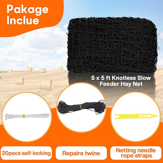 5 x 5 ft Round Bale Hay Net for Horses, with 20 Ropes, Netting Comb, Cable Tie,Large Slow Feed Hay Net， 2" Hole Size， Reduces Hay Waste， for Horses, Goats, Cattle and Livestock