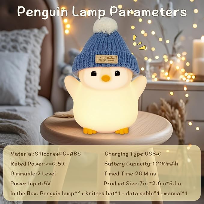 Penguin Night Light for Kids, Adorable Penguin Lamp with Hat, Food Grade Silicone Nursery Nightlight, Rechargeable/Dimmable/Timer,LED Squishy Novelty Animal Bedside Lamp,Funny Gifts for Boys
