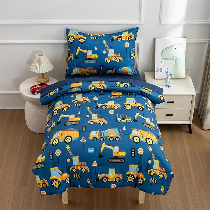 NTBED 4 Pieces Traffic Construction Toddler Bedding Set for Baby Boys,Truck Vehicles Excavator Cars Printed, Includes Comforter, Flat Sheet, Fitted Sheet and Pillowcase,Blue
